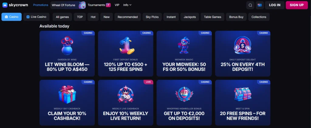 SkyCrown Casino promotions page displaying deposit bonuses, cashback rewards, and special offers.