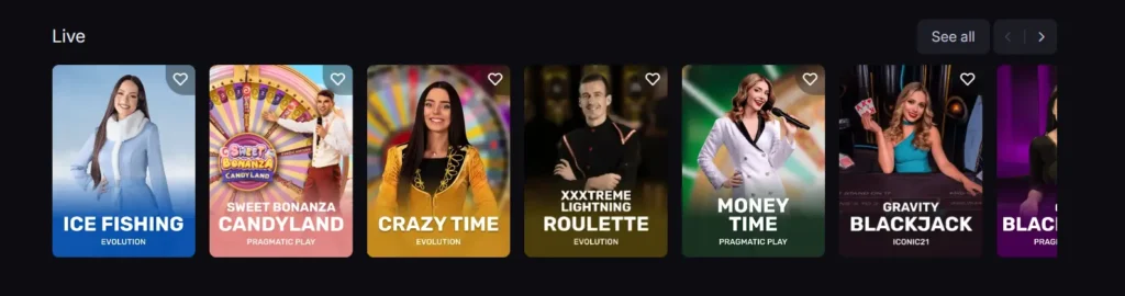 SkyCrown Casino live dealer section featuring popular games like Crazy Time and Lightning Roulette.