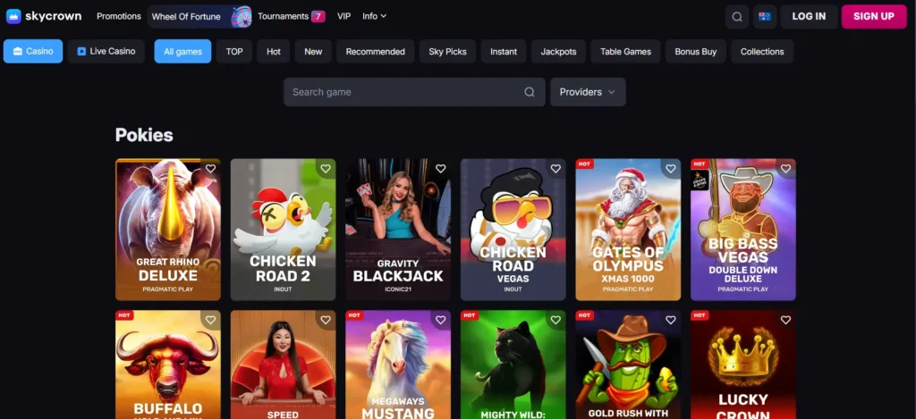 SkyCrown Casino games lobby showcasing popular pokies and online slot titles available to play.