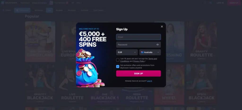 SkyCrown Casino signup popup with welcome bonus over a blurred live games lobby, enabling new user registration for access.