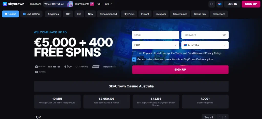 SkyCrown Casino Australia homepage sign-up form displaying welcome bonus and quick payment stats.