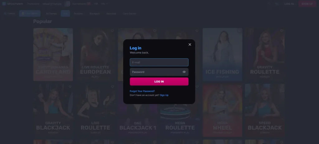 SkyCrown Casino login popup over blurred popular live games list for user access verification.