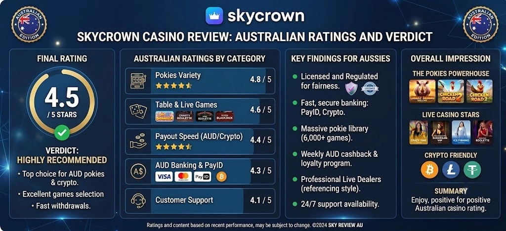 SkyCrown Casino Australia Review infographic with 4.5 star rating and verdict highly recommended for Australian players.