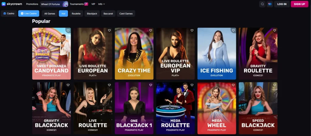 SkyCrown Casino Live Dealer popular games grid showing options like Sweet Bonanza Candyland and Crazy Time.